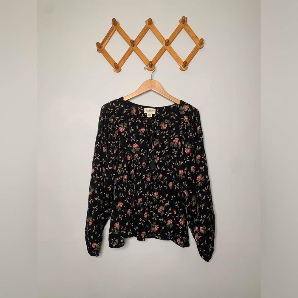 Women’s Ralph Lauren Denim&Supply Black Pink Floral Boho Peasant Shirt Top SZ M